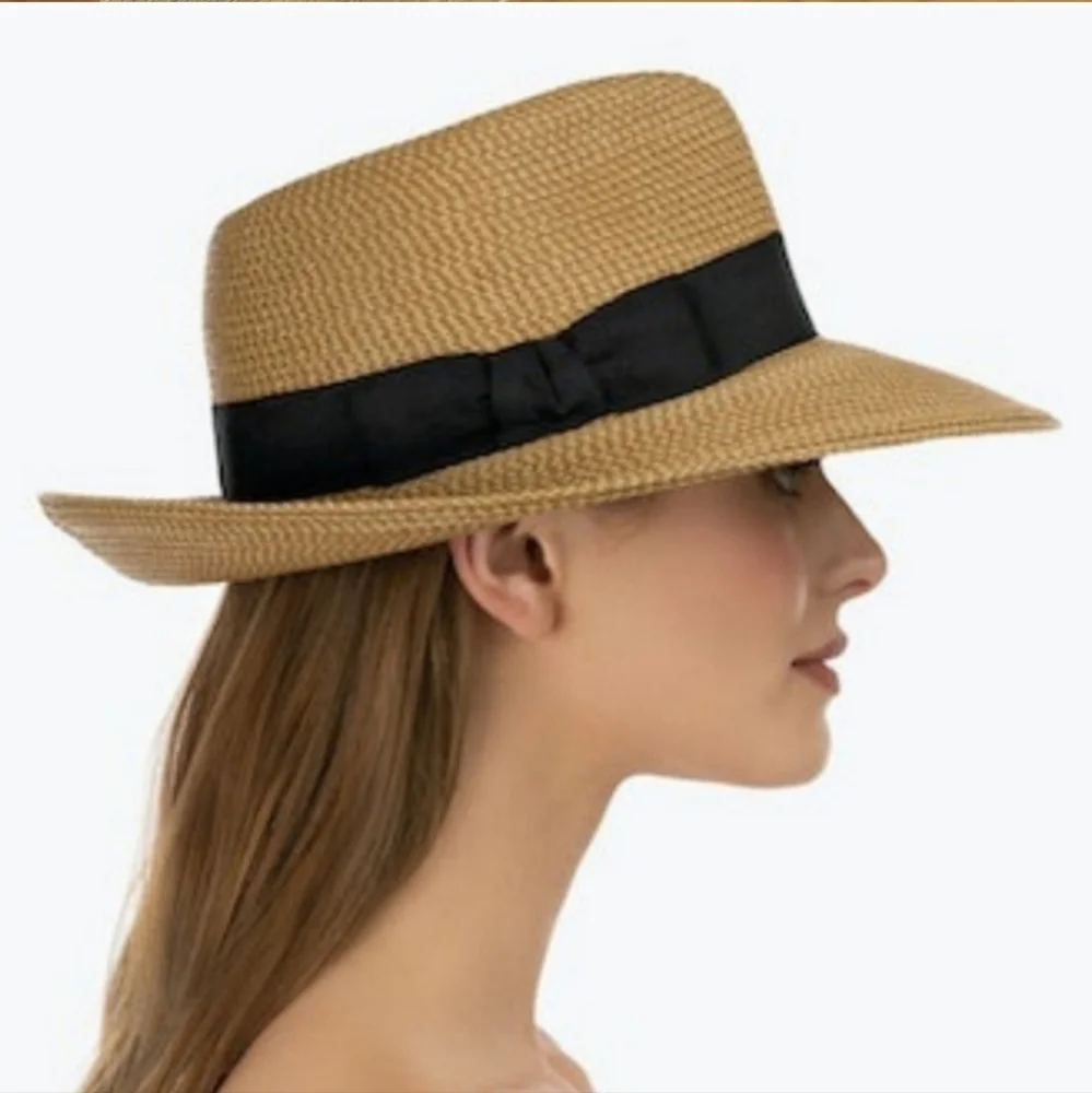 NWOT Eric Javits Phoenix Fedora Hat Natural Black UPF 50+ Sun Protection - Picture 7 of 15